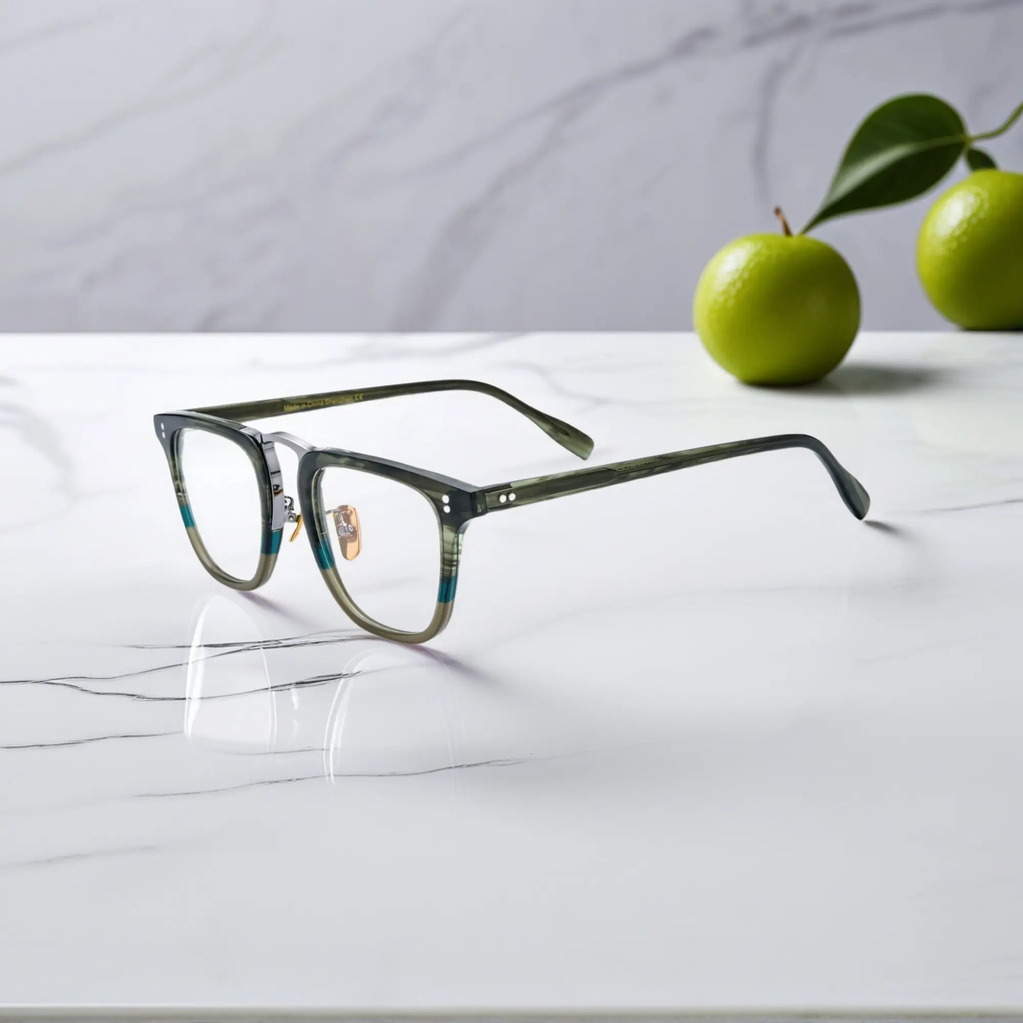 Side profile showing VoyueLens™ VL19214 olive striped square acetate eyeglasses with smooth temples and metal core hinge.